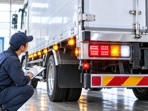 トラックのサイドマーカーとテールランプを点検する整備士