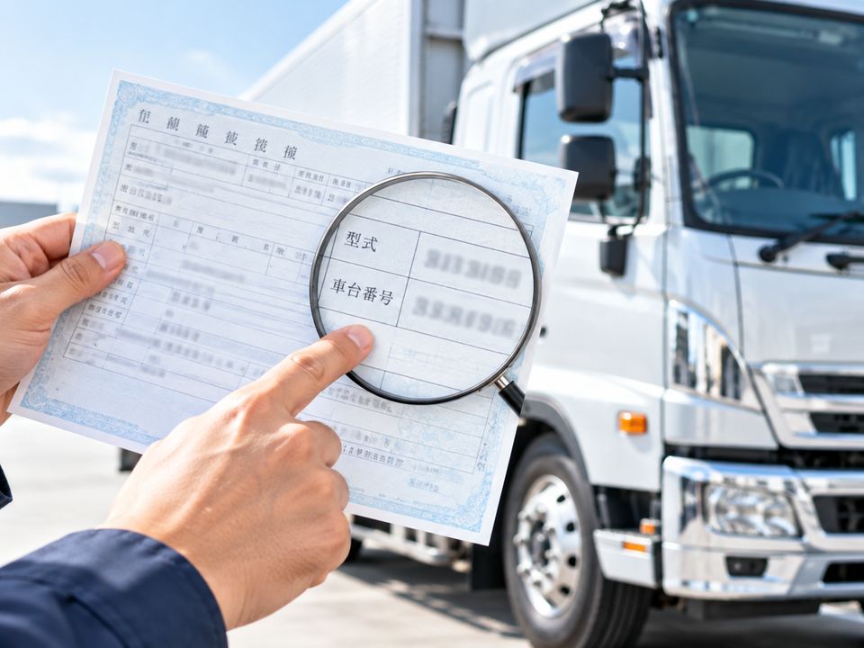 車検証の型式と車台番号の欄を虫めがねで示した写真