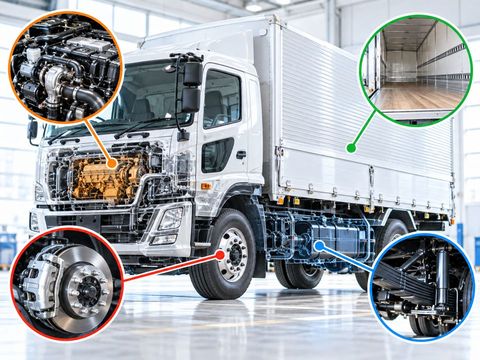 トラックのエンジン・荷台・ブレーキ・足回りの部品を示した図