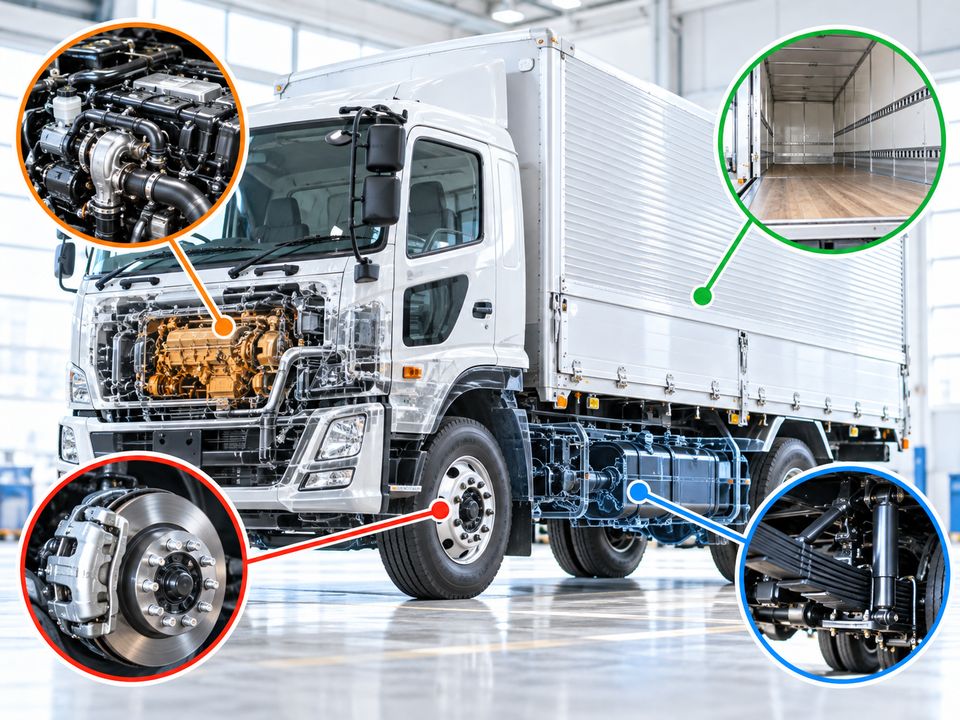 トラックのエンジン・荷台・ブレーキ・足回りの部品を示した図